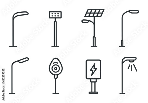 Street lighting linear icon set – outline style urban infrastructure, illumination, and energy symbols: lamp post, led light, solar panel, floodlight, electric sign, street lantern, roadway lighting,