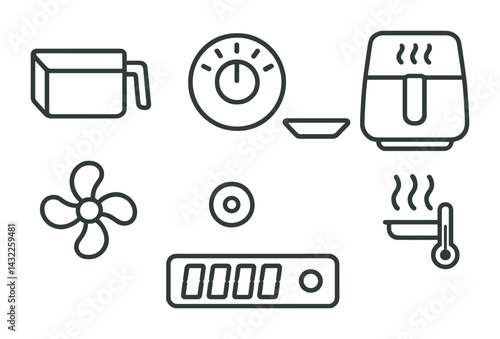 Kitchen appliance icon set – outline style cooking, food prep, and baking symbols for culinary design: kettle, timer, air fryer, fan, knob, thermometer, control panel.