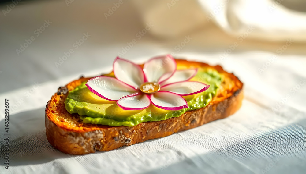 Close-Up Of Avocado Toast Decorated With Edible Flower On Rustic Bread Slice Close-Up Of Avocado Toast Decorated With Edible Flower On Rustic Bread Slice