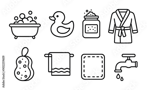 Home bath essentials icon set – line style hygienic, relaxation, skincare symbols: bathtub, duck, bath salts, robe, sponge, towel, mat, faucet.