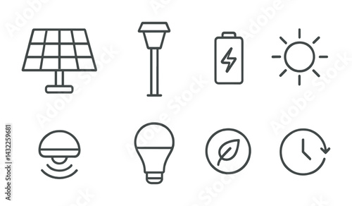 Sustainable energy icon set – outline style renewable, eco-friendly, and green technology symbols: solar panel, streetlight, battery, sun, sensor, lightbulb, leaf, timer.