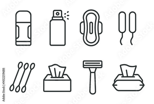 Personal hygiene outline icons – linear style essentials for self-care and bathroom routines: deodorant, spray bottle, pad, tampons, cotton swabs, tissues, razor, wipes.