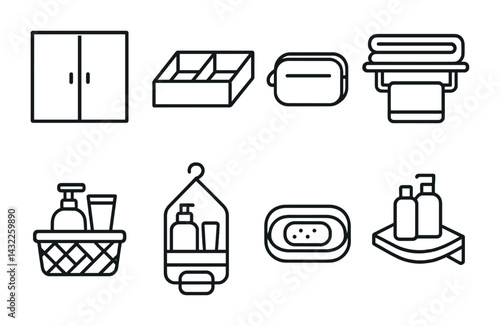 Bathroom essentials line icons set – modern style hygiene, organization, and decor symbols: cabinet, drawer organizer, towel rack, soap dish, shampoo bottles