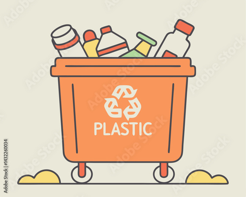 Plastic Recycling Bin Illustration: Bottles, Container with Symbol and "Plastic"