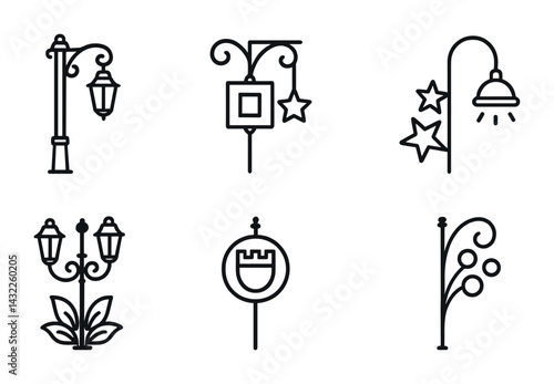 Street lanterns outline icon set – linear style urban lighting, decorative streetlights, and outdoor fixtures: lantern, lamppost, hanging light, pathway light, garden light