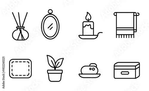 Home decor icon set - minimalist outline style with interior design symbols: diffuser, mirror, candle, towel, cushion, plant, soap, box for modern homes