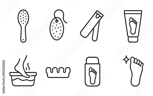 Foot care and pedicure outline icons set – linear style beauty, wellness, and hygiene symbols for spa treatment: foot soak, pumice stone, nail clipper, foot cream, foot brush.