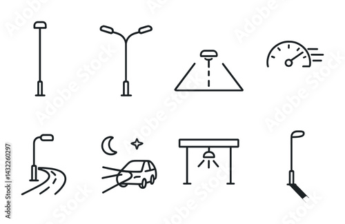 Urban streetlight outline icons set – linear traffic and road safety symbols for navigation: lamp post, speedometer, moonlit road, dual lights, tunnel light, navigation path