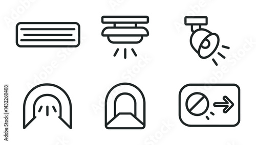 Modern home and office safety icons set – outline style for security, emergency, and awareness: air conditioner, smoke detector, spotlight, tunnel, prohibition sign.
