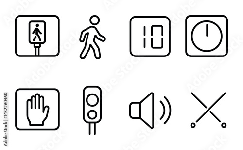 Traffic and pedestrian linear icons set – outline design for urban navigation and road safety: walk signal, pedestrian, timer, stop sign, traffic light, sound alert, crosswalk.