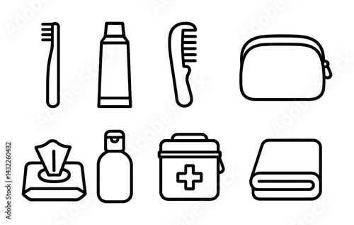 Personal hygiene and care line icons set – outline style grooming, wellness, and travel essentials: toothbrush, toothpaste, comb, toiletry bag, wipes, lotion, first aid kit, towel.