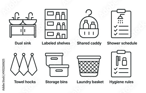 Home organization and hygiene outline icons set – linear style cleaning, storage, and bathroom essentials for tidy living: dual sink, labeled shelves, caddy, shower schedule, towel hooks, storage