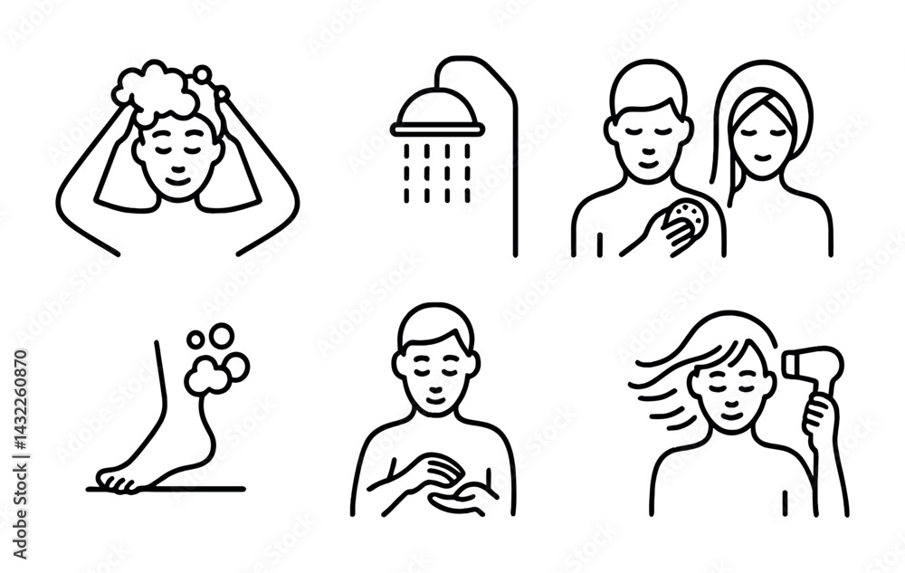 Obraz premium Personal care outline icon set - line style beauty, hygiene, and self-care symbols for daily routines: shower, shampoo, skincare, hairdryer, pedicure, soap, grooming
