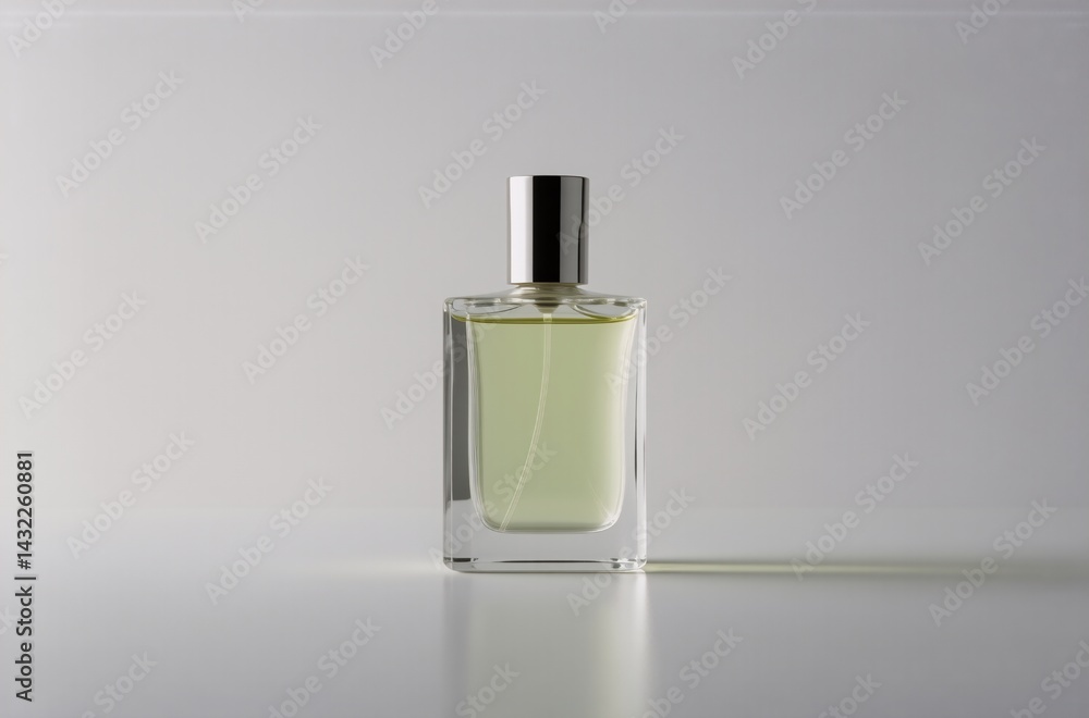 A rectangular glass perfume bottle with a silver spray top sits on a reflective white surface, showcasing a pale yellow liquid inside. The minimalist setting highlights the bottle's elegant simplicit A rectangular glass perfume bottle with a silver spray top sits on a reflective white surface, showcasing a pale yellow liquid inside. The minimalist setting highlights the bottle's elegant simplicit