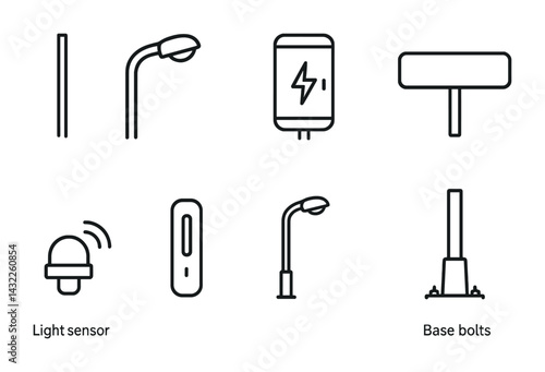 Smart street lighting linear icons set – outline style for urban design and energy efficiency: lamp post, solar panel, battery, light sensor, control box, base bolts, energy meter