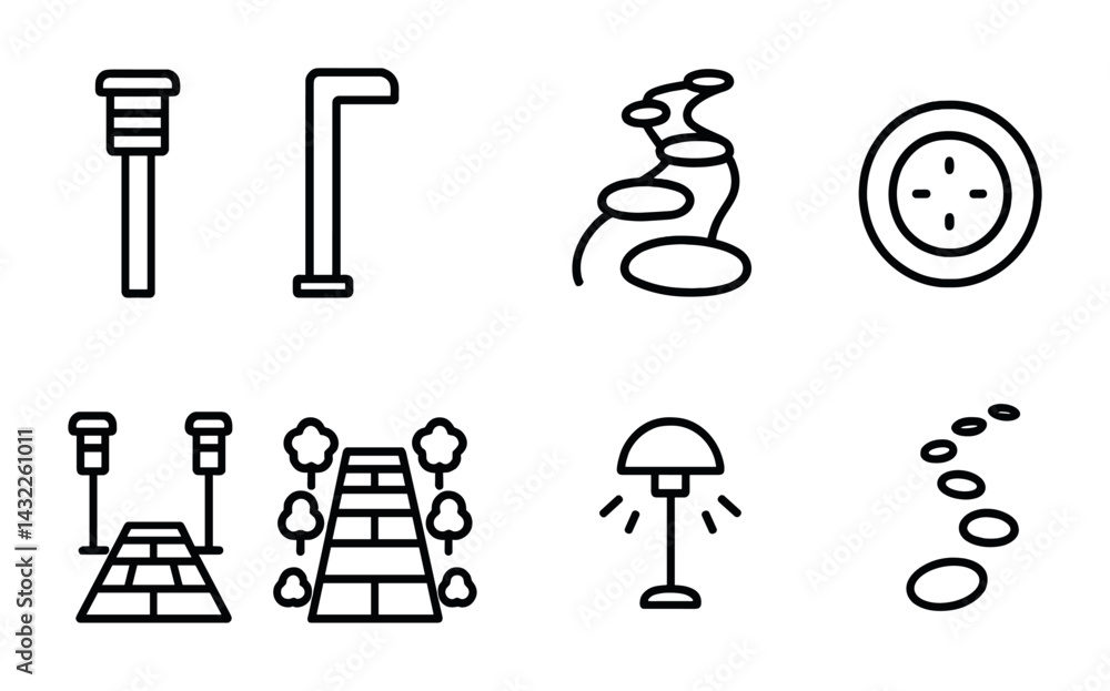 Garden pathway outline icons set – linear style gardening, landscaping, and design symbols for outdoor spaces: lamppost, pathway, stepping stones, compass, stairs Garden pathway outline icons set – linear style gardening, landscaping, and design symbols for outdoor spaces: lamppost, pathway, stepping stones, compass, stairs