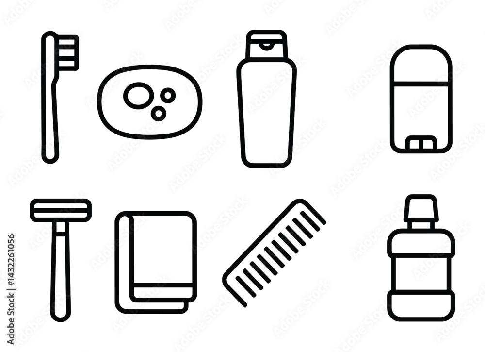 Personal care and hygiene outline icons set – linear bathroom essentials, grooming, and cleaning symbols for daily routines: toothbrush, soap, shampoo, deodorant, razor, towel, comb, mouthwash. Personal care and hygiene outline icons set – linear bathroom essentials, grooming, and cleaning symbols for daily routines: toothbrush, soap, shampoo, deodorant, razor, towel, comb, mouthwash.