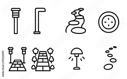 Garden pathway outline icons set – linear style gardening, landscaping, and design symbols for outdoor spaces: lamppost, pathway, stepping stones, compass, stairs