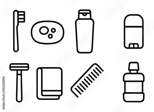Personal care and hygiene outline icons set – linear bathroom essentials, grooming, and cleaning symbols for daily routines: toothbrush, soap, shampoo, deodorant, razor, towel, comb, mouthwash.