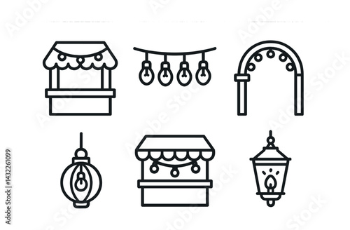 Street market festival icons set – linear style event, celebration, and fair symbols for branding and design: market stall, string lights, archway, lantern, vendor table, festival shop.
