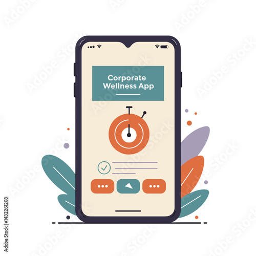 Corporate Wellness App on Smartphone Illustration. Colorful design, Transparent background, Employee wellbeing, Health technology concept, For websites, blogs, articles, corporate materials