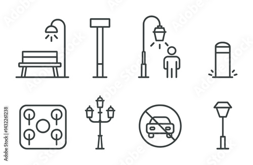 Urban street elements icon set – linear style city infrastructure, public spaces, and traffic control symbols: bench, streetlight, bollard, pedestrian, traffic sign, city park