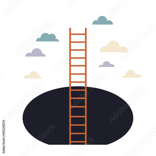 Ladder Reaching for Sky from Dark Pit Illustration. Transparent background, Hope, Overcoming adversity, Recovery concept, For blogs, websites, articles, resources, therapy