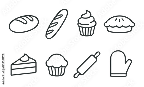 Baking and pastry outline icons set – linear style bakery, dessert, and cooking symbols for culinary design: bread, baguette, cupcake, pie, cake slice, muffin, rolling pin, oven mitt.