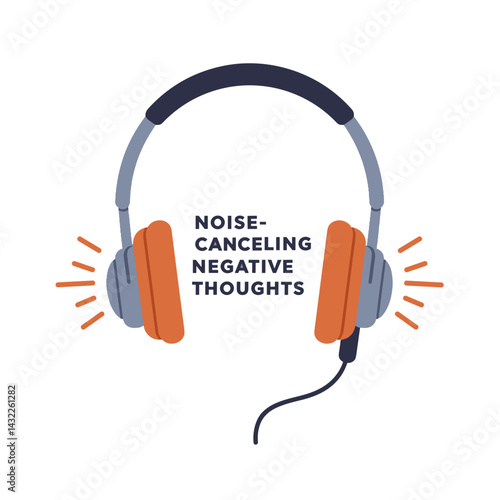 Headphones Canceling Negative Thoughts Illustration. Minimalist style, Transparent background, Mental Health, Focus, Peace Concept, For blogs, websites, articles, resources, social media, content, cam