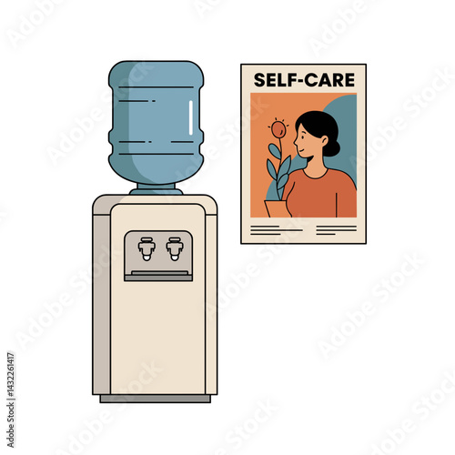 Office Water Cooler with Self-Care Poster, Wellness concept, Healthy workplace, Employee care, Corporate environment, Health campaign, Lifestyle