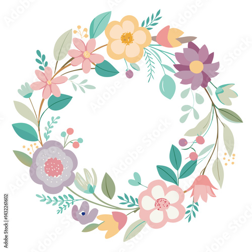 Abstract floral design with spring flowers and leaves creates a natural, decorative frame for artful illustration