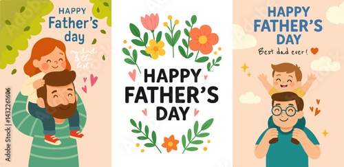 Happy Father's Day greeting cards collection. Vector illustration of dads with kids in cartoon style. Perfect for holiday decor, printables and social media