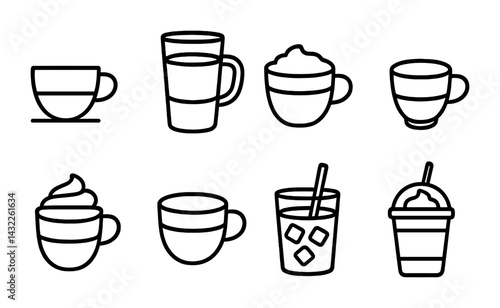 Coffee and beverage outline icon set – linear style for cafe, cafe menu, and drink packaging: espresso cup, latte, cappuccino, iced coffee, teacup, mug, frappuccino.
