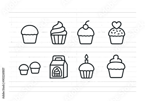 Bakery and pastry outline icon set – flat style dessert, sweet treats, and baked goods symbols for culinary design: cupcake, muffin, cake, cherry, heart, pastry box, candle.