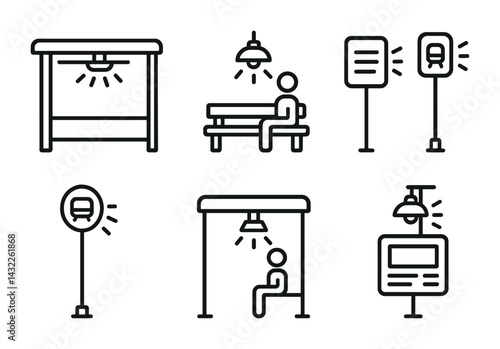 Public transport waiting area icon set – outline style commuter, urban, and passenger symbols for navigation: bench, bus stop, street lamp, timetable, shelter, transit sign.