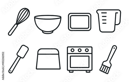 Kitchen essentials icon set – outline style for cooking, baking, and culinary tools: whisk, mixing bowl, baking tray, measuring cup, spatula, loaf tin, oven, brush