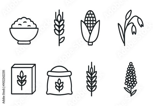 Agriculture and farming outline icons – line style for sustainable agriculture, crop production, and organic farming: rice bowl, wheat, corn, oats, cereal box, grain sack, sorghum.