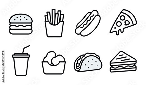 Fast food outline icons set – line style for restaurant, cuisine, and menu design: burger, fries, hot dog, pizza, drink, nuggets, taco, sandwich.