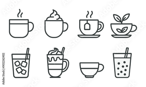 Coffee and tea outline icons set – linear style beverage, cafe, and drink symbols for hospitality: cup, mug, steamy drink, teacup, leaf tea, iced drink, bubble tea.