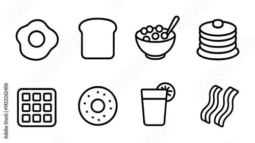 Breakfast foods outline icons set – linear style for culinary, morning meals, and cooking themes: fried egg, toast, cereal bowl, pancakes, waffle, doughnut, juice, bacon