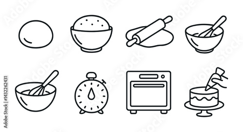 Baking and pastry outline icon set – linear style cooking, baking tools, and dessert preparation symbols: dough, mixing bowl, rolling pin, whisk, timer, oven, cake decorating.