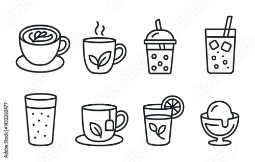 Beverage and drink icons set – outline style coffee, tea, and juice symbols for cafes and menus: latte, mug, bubble tea, iced drink, soda glass, teacup, lemonade, dessert bowl.