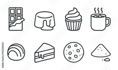 Dessert and sweets line icons – outline style baking, confectionery, and pastry symbols: chocolate bar, pudding, cupcake, hot cocoa, bread roll, cake slice, cookie, sugar