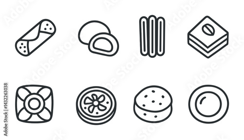 Bakery treats icon set - outline style confectionery and dessert symbols for culinary projects: croissant, cookie, macaron, doughnut, cake, pastry, bread, muffin.
