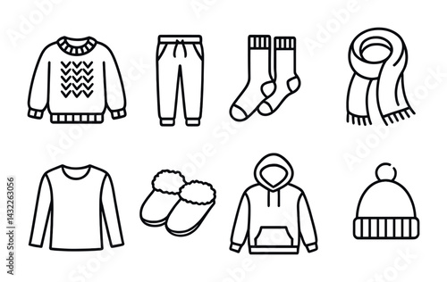 Winter clothing icon set - outline style icons for apparel, fashion, and cold weather: sweater, sweatpants, socks, scarf, long sleeve, slippers, hoodie, beanie