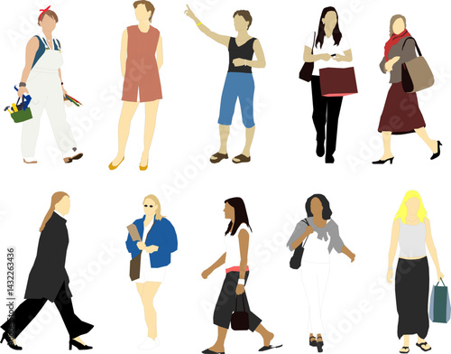 vector sketch illustration silhouette design image of woman with various activities in a relaxing pose with casual fashion