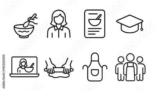 Cooking and education outline icons set – line style culinary, recipe, and learning symbols for kitchen mastery: mixing bowl, chef, cookbook, graduation cap, laptop, rolling pin, apron, students.