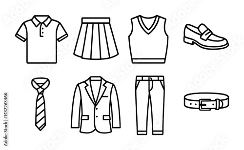 Fashion outline icons set – minimalist clothing and apparel symbols for wardrobe and style: shirt, skirt, vest, shoe, tie, blazer, pants, belt.