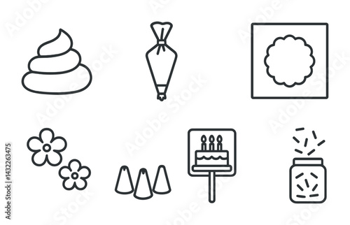 Bakery and baking outline icons set – line style cooking, culinary, and pastry symbols for kitchen design: piping bag, cake, flower, sprinkles, doughnut, jar, cap.