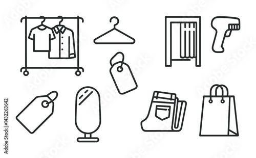 Retail and fashion outline icons set – linear style shopping, apparel, and boutique symbols for design: clothing rack, hanger, fitting room, price tag, mirror, jeans, shopping bag.